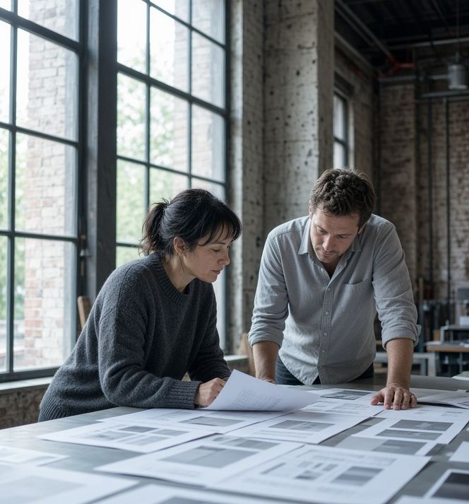 Two members of the Meridial team reviewing labels at a table