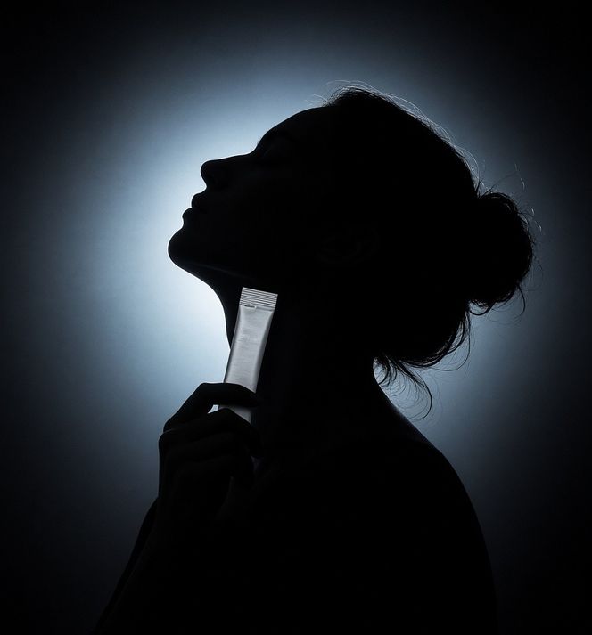 A person in silhouette holding a foil sachet to their chin