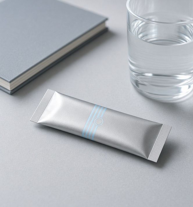 A Clearhead sachet on a desk beside a glass of water